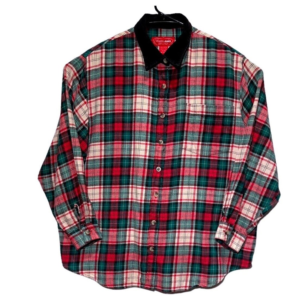 Vintage Y2K Grunge Plaid Flannel Shirt Womens 14 Corduroy Collar Red Black